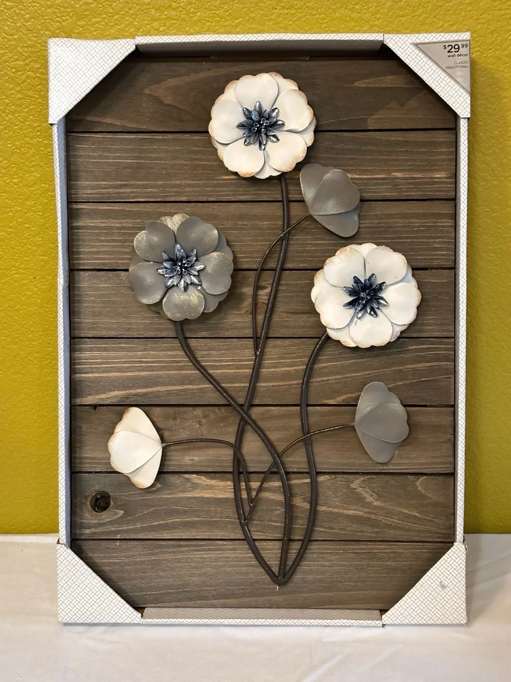 Metal Floral Wall Art - White and Gray Flowers on Wood Frame